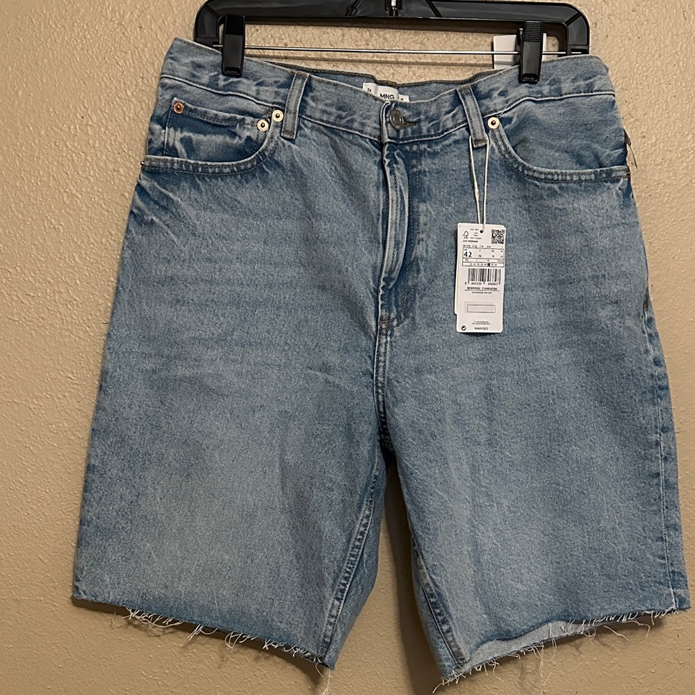 Mango Blue Denim Frayed Hem Shorts
